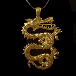 HUGE Gold Plated Cut-Out Dragon Pendant On Long Gold Tone Chain